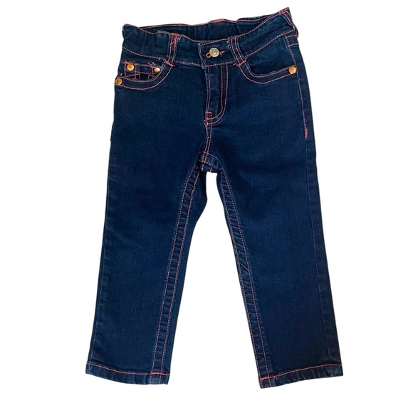 079 True Religion 24 Month Girl Dark Blue Jeans with Pink Stitching - Picture 2 of 4